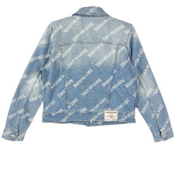 NWT True Religion Women Light Wash Blue Allover Logo Relaxed Trucker Jacket Sz M - Picture 2 of 15